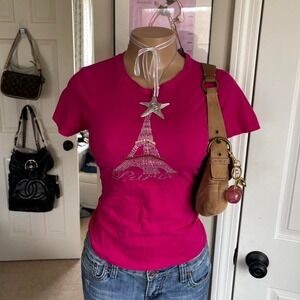 y2k 2000s mcbling pink rhinestone eiffel tower Paris baby tee